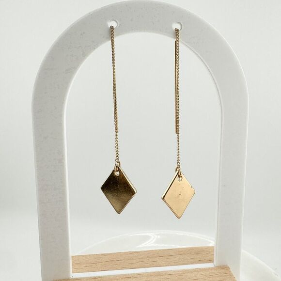 Vintage Gold Tone Diamond Shape Threader Earrings Modern Minimalist Dangle Drop - Picture 5 of 8